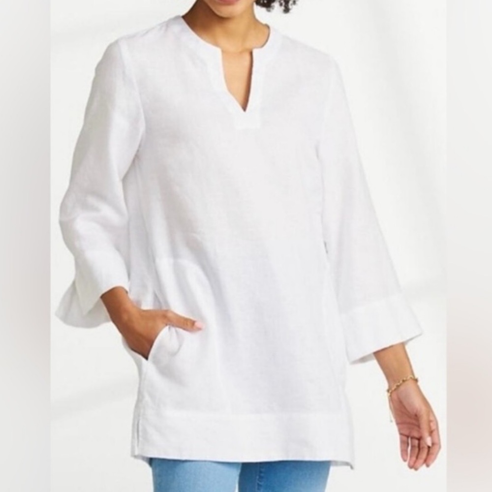 Lands End Split Neck 3/4 Sleeve Linen Tunic NWT [T74]